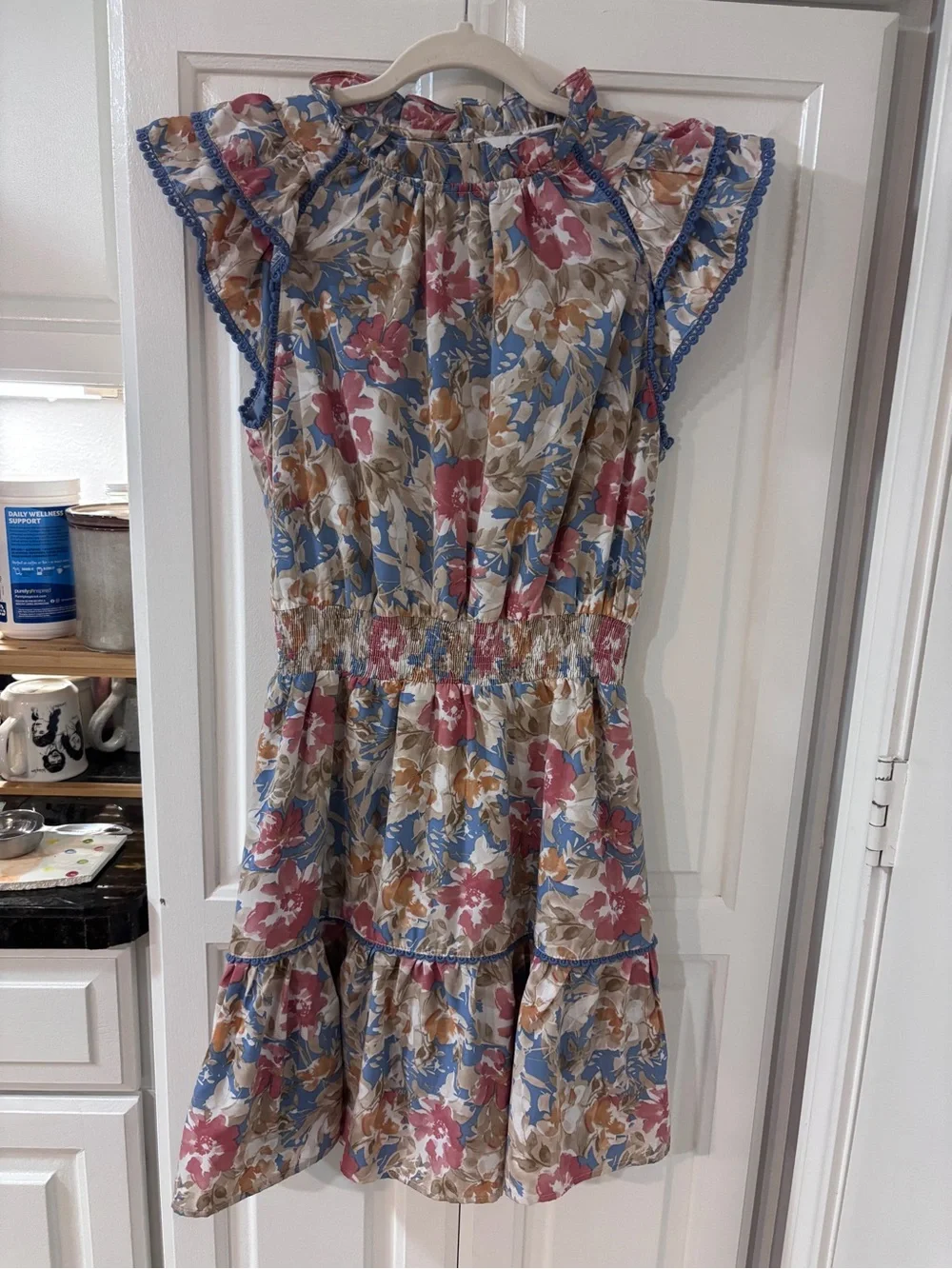En Saison Floral Ruffle Neck Sleeveless Dress in Cream, Blue & Pink - Picture 1 of 4